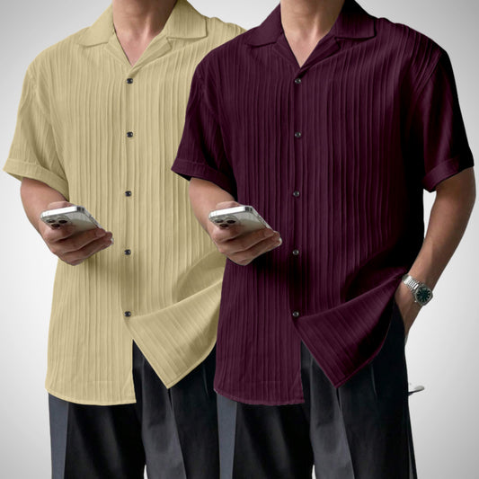 Popcon Half Sleeve PolyCotton Khaki & Purple Shirt For Men (Pack Of 2)