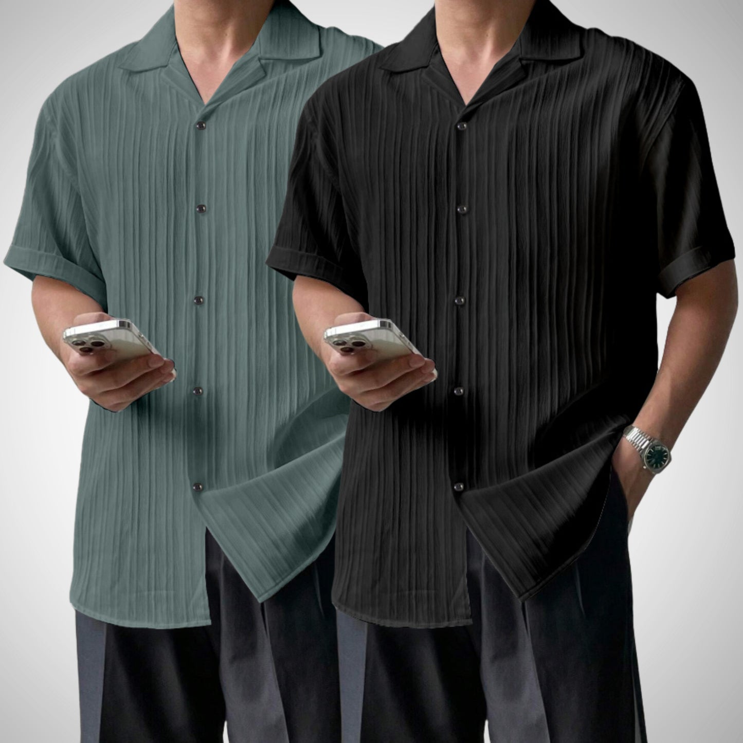 Popcon Half Sleeve PolyCotton Green & Black Shirt For Men (Pack Of 2)