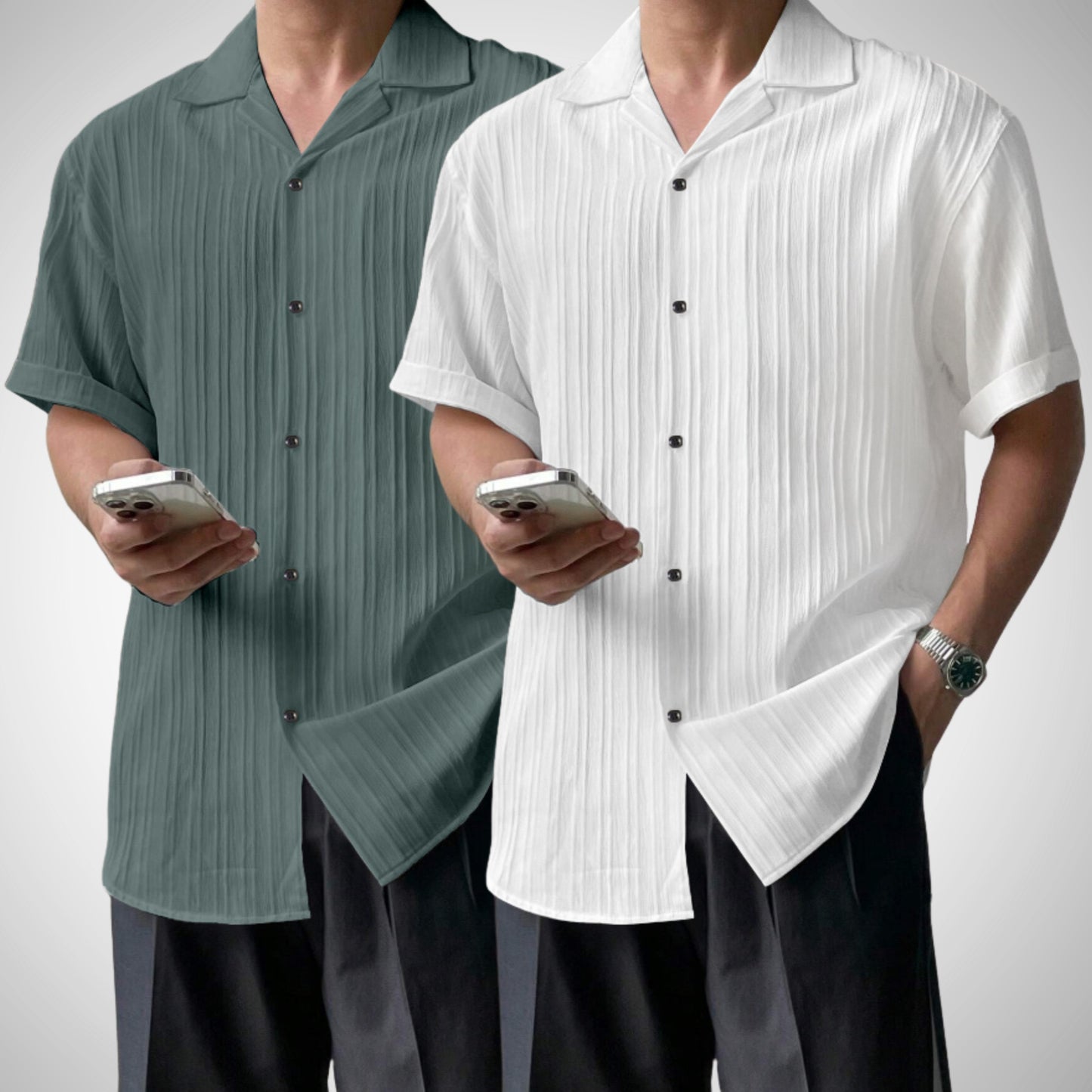 Popcon Half Sleeve PolyCotton Green & White Shirt For Men (Pack Of 2)