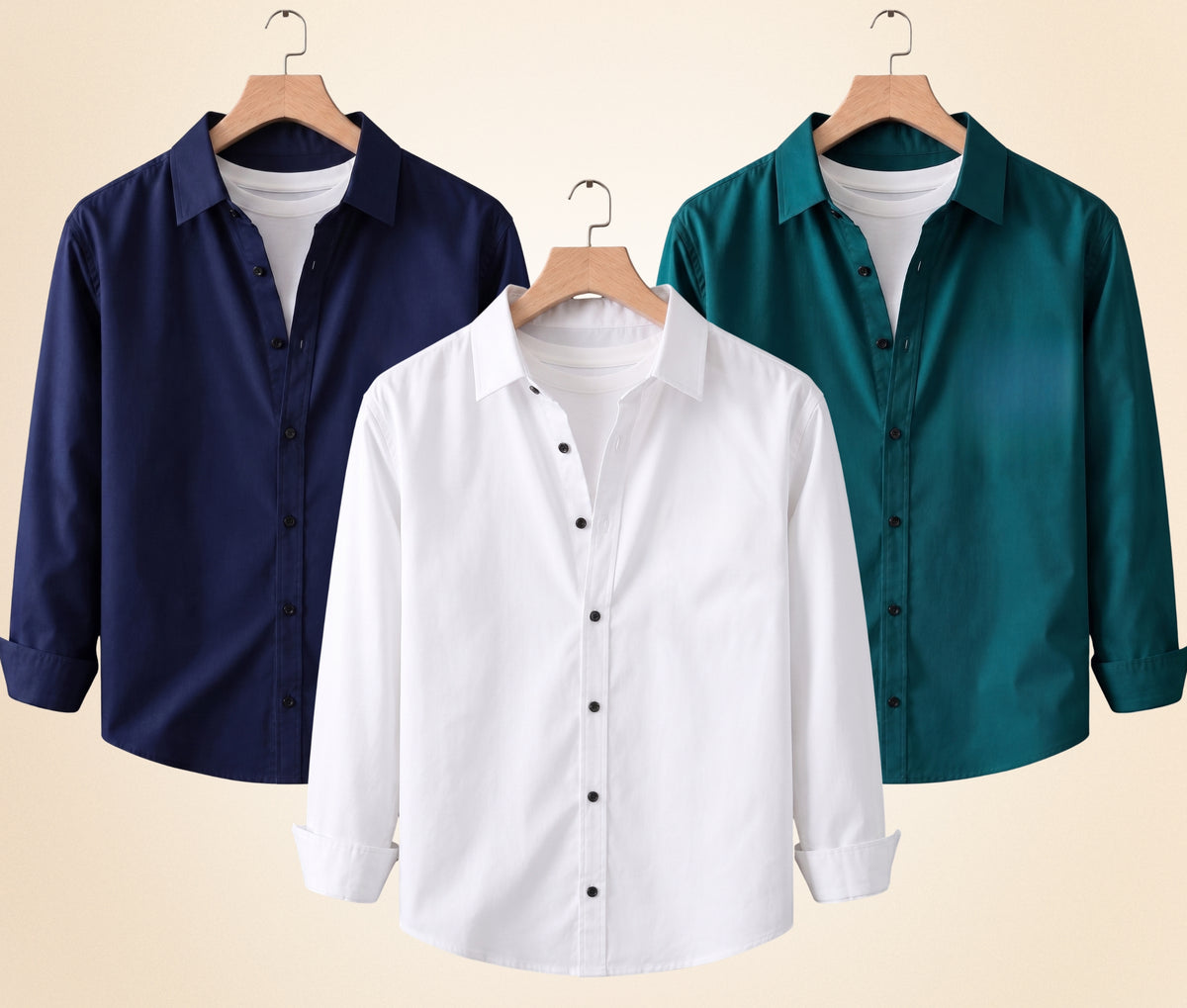 Coofandy Men's Solid Full Sleeve Casual Shirts – Navy Blue, Teal Green and White (Pack of 3)