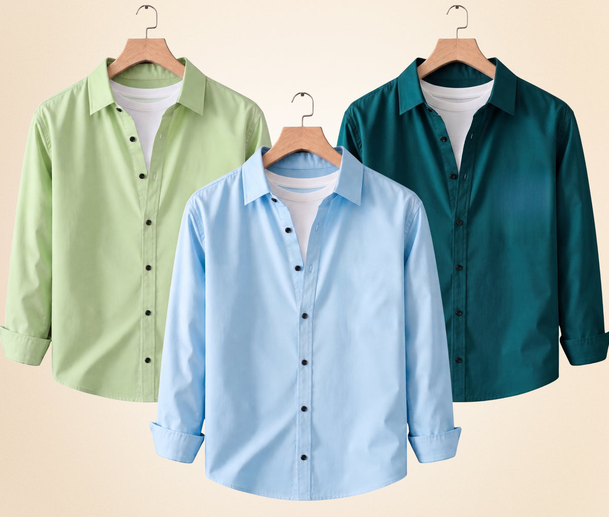 Coofandy Men's Solid Full Sleeve Casual Shirts – Pista, Sky Blue and Teal Green (Pack of 3)