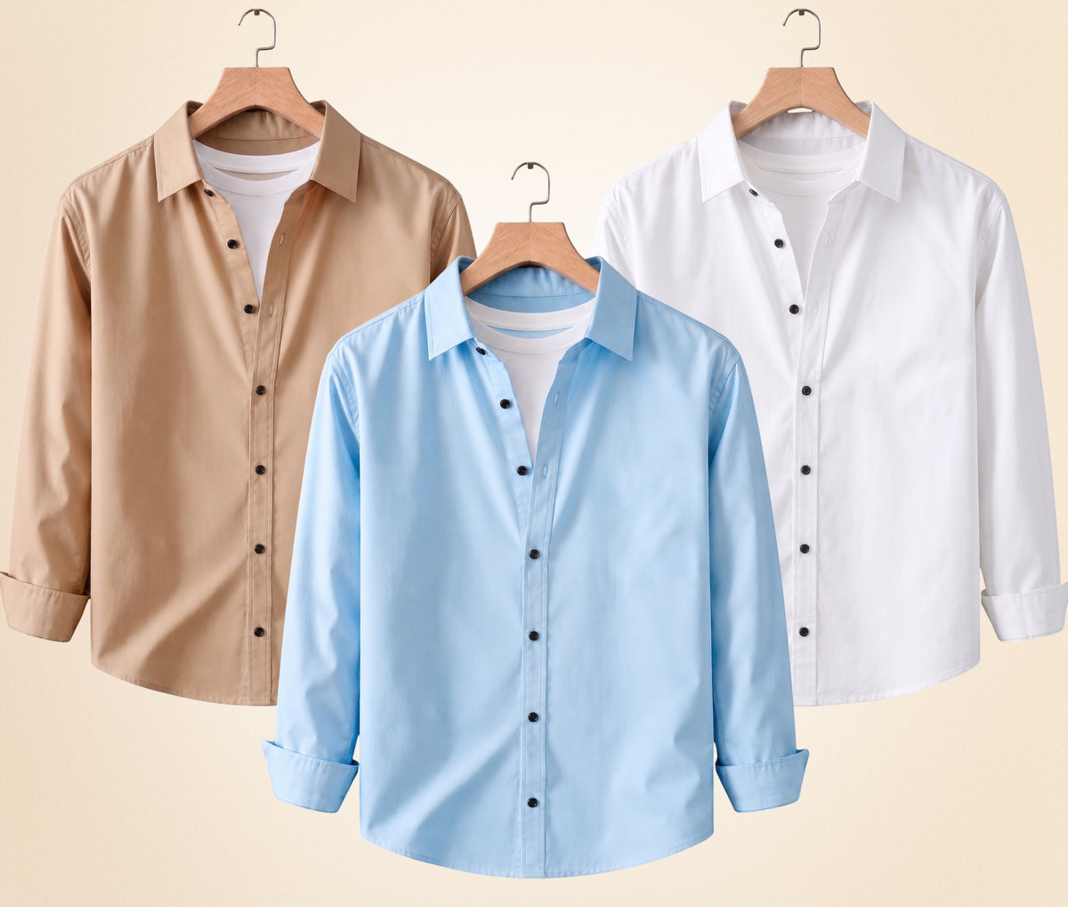 Coofandy Men's Solid Full Sleeve Casual Shirts – Sand Beige, Sky Blue and White (Pack of 3)