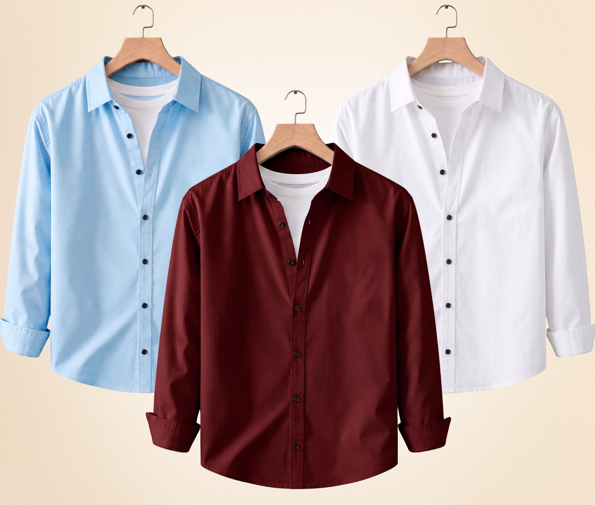 Coofandy Men's Solid Full Sleeve Casual Shirts – Burgundy, Sky Blue and White (Pack of 3)