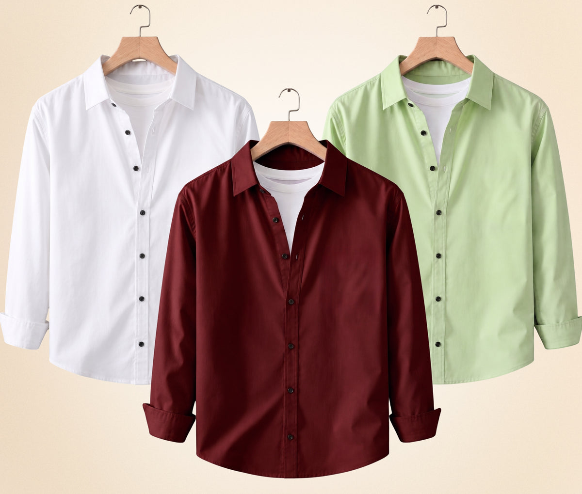 Coofandy Men's Solid Full Sleeve Casual Shirts – Burgundy, Pista and White (Pack of 3)