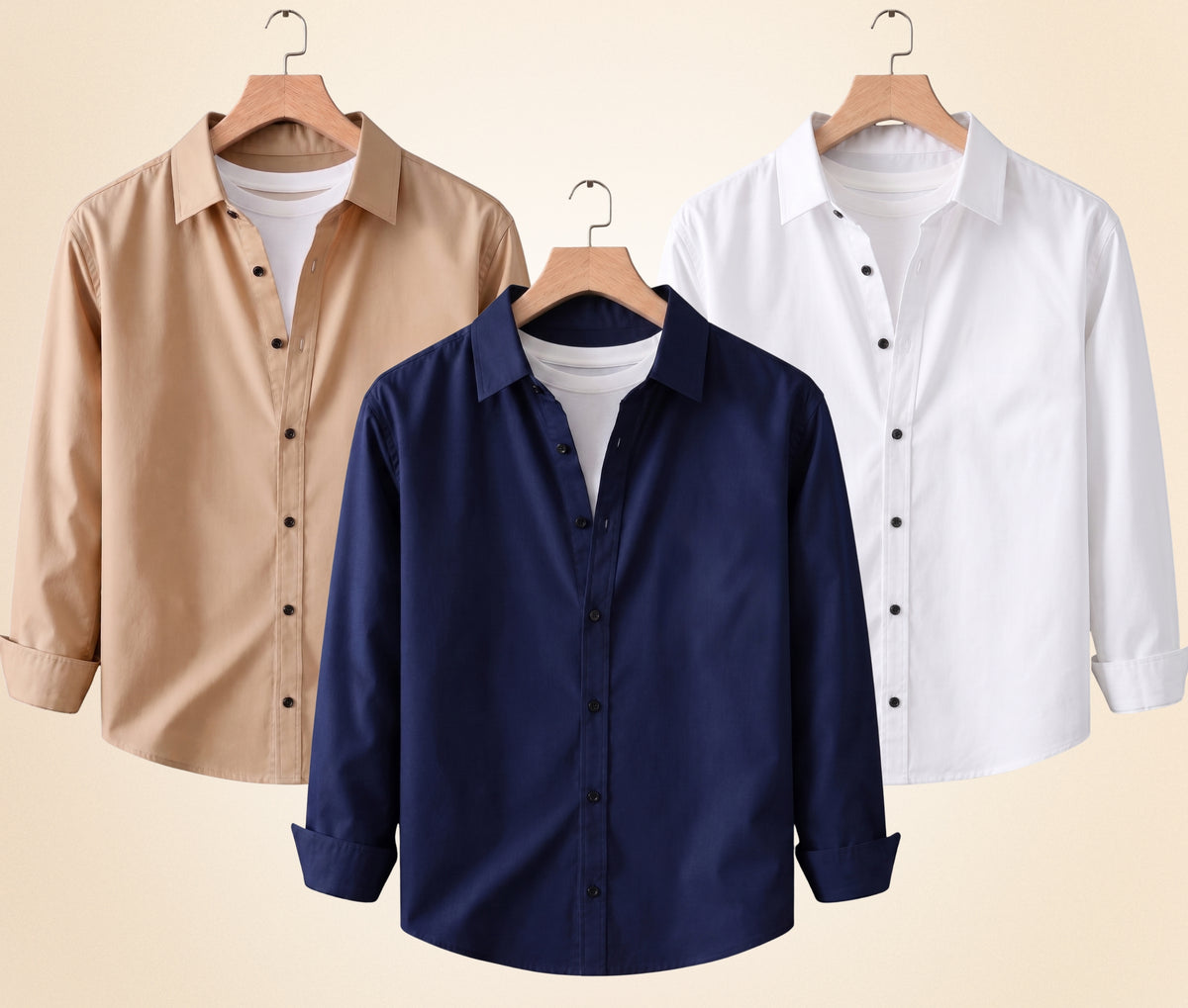 Coofandy Men's Solid Full Sleeve Casual Shirts – Sand Beige, Navy Blue and White (Pack of 3)