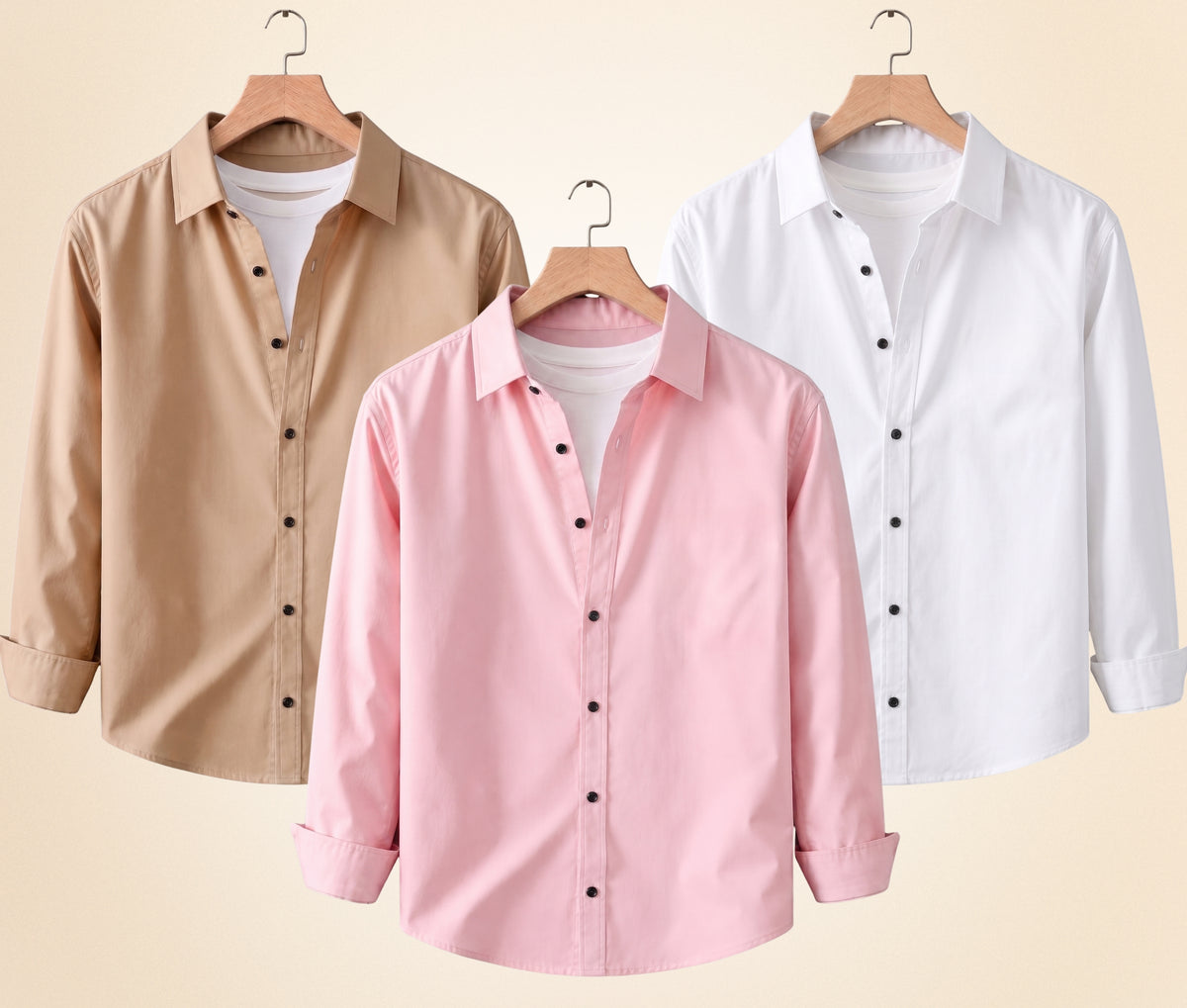 Coofandy Men's Solid Full Sleeve Casual Shirts – Sand Beige, Peach Pink and White (Pack of 3)