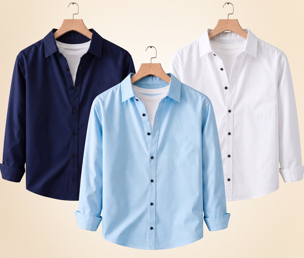 Coofandy Men's Solid Full Sleeve Casual Shirts – Navy Blue, Sky Blue and White (Pack of 3)