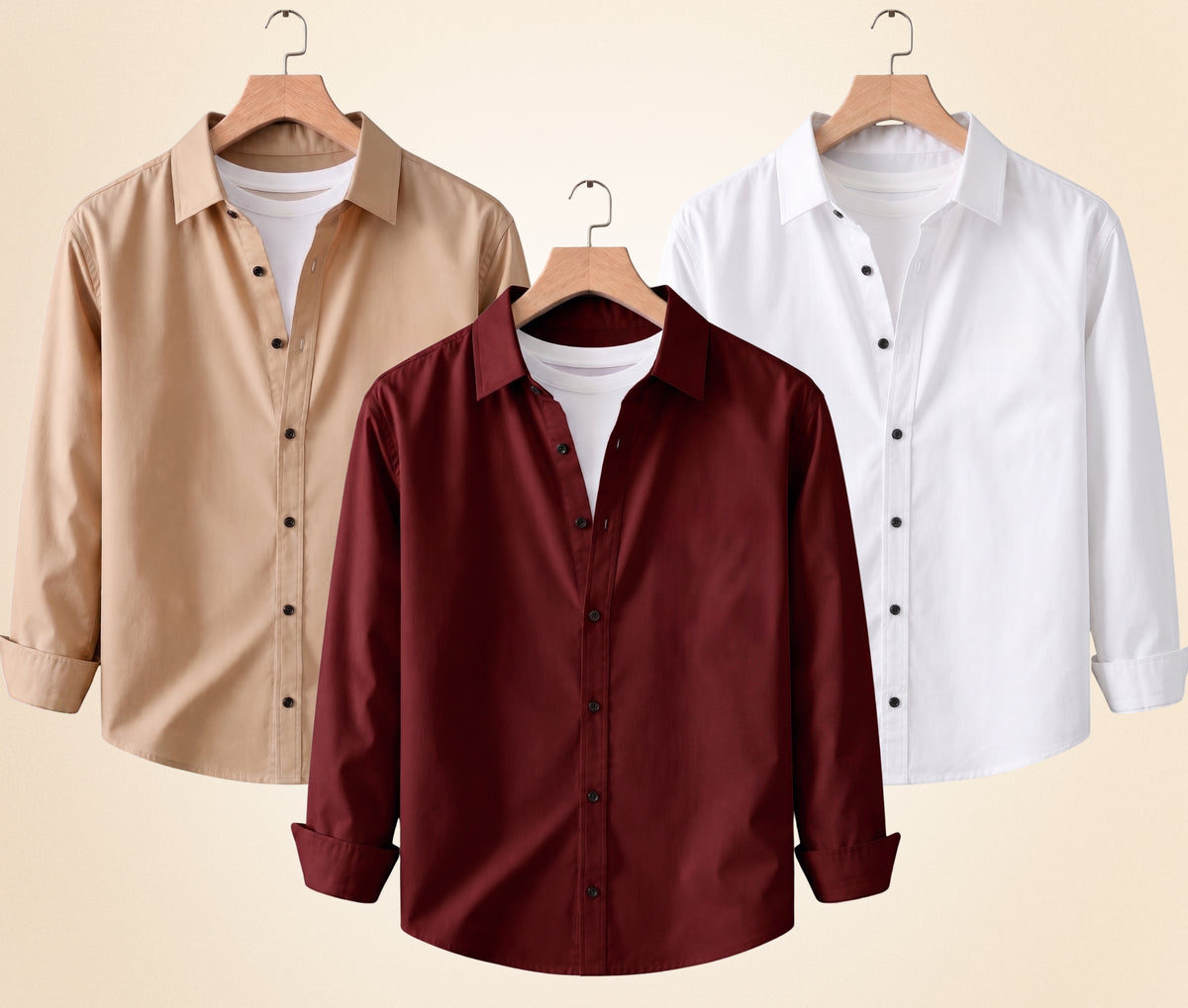 Coofandy Men's Solid Full Sleeve Casual Shirts – Sand Beige, Burgundy and White (Pack of 3)