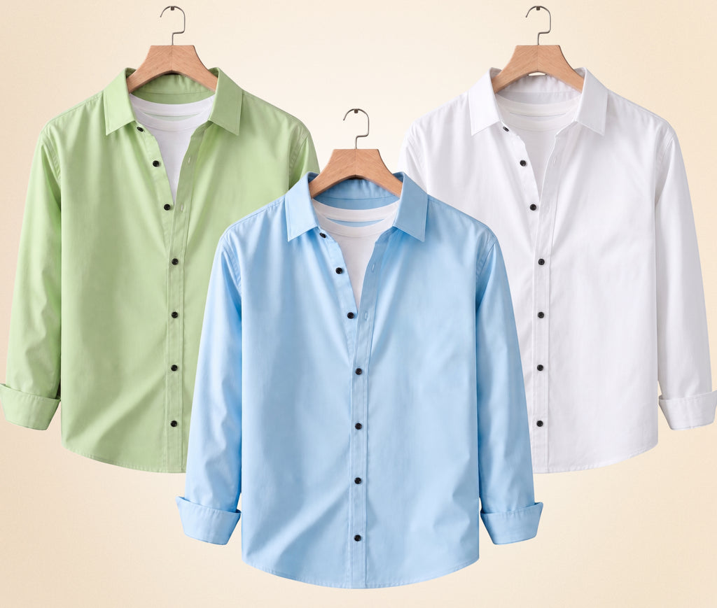 Coofandy Men's Solid Full Sleeve Casual Shirts – Pista, Sky Blue and White (Pack of 3)
