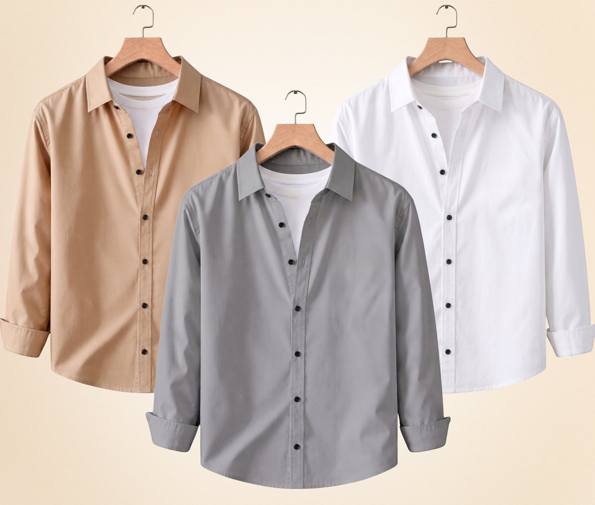 Coofandy Men's Solid Full Sleeve Casual Shirts – Sand Beige, Grey and White (Pack of 3)