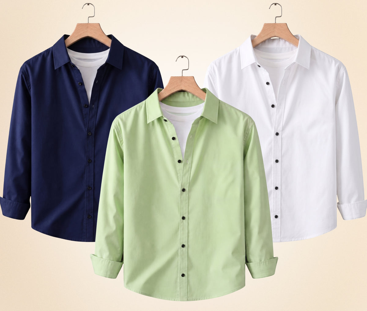 Coofandy Men's Solid Full Sleeve Casual Shirts – Navy Blue, Pista and White (Pack of 3)