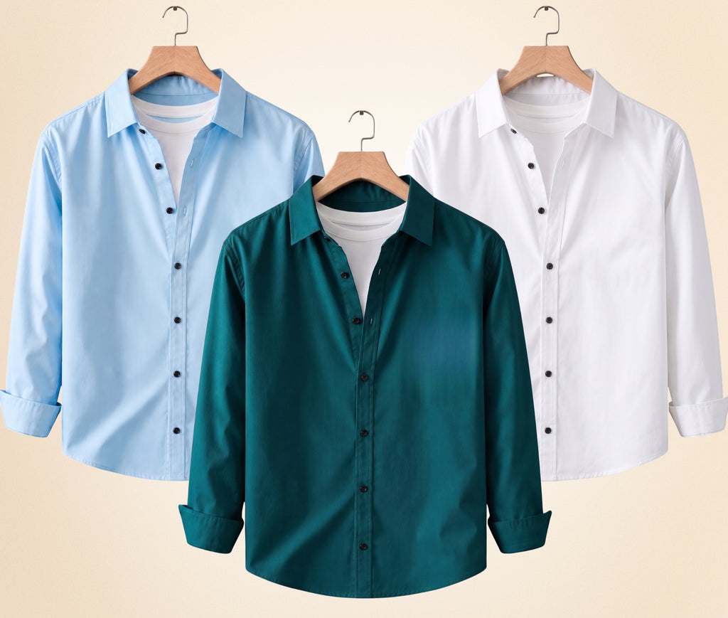 Coofandy Men's Solid Full Sleeve Casual Shirts – Sky Blue, Teal Green and White (Pack of 3)