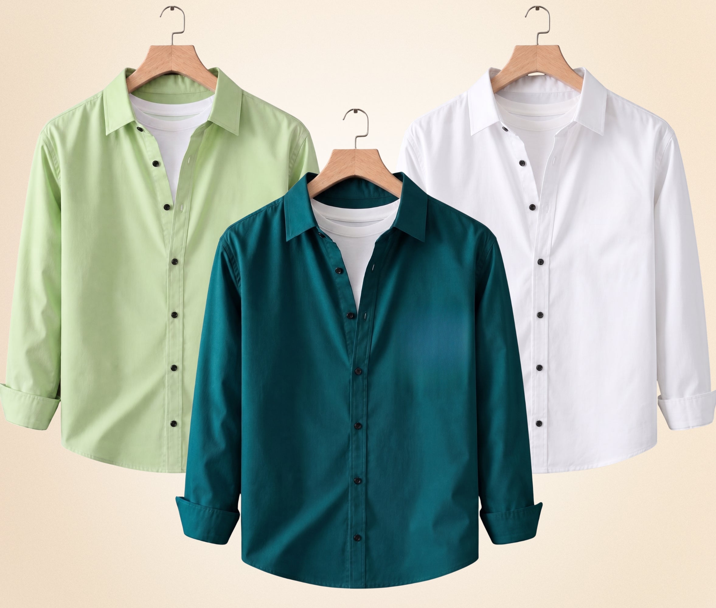 Coofandy Men's Solid Full Sleeve Casual Shirts – Pista, Teal Green and White (Pack of 3)