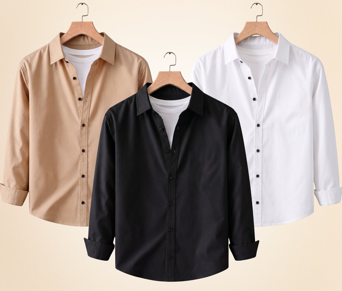 Coofandy Men's Solid Full Sleeve Casual Shirts – Black, Sand Beige and White (Pack of 3)