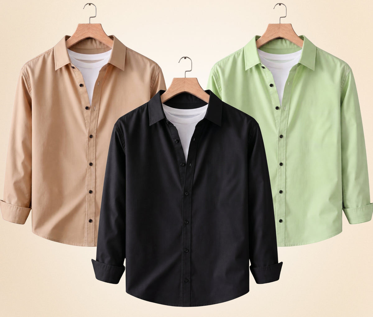 Coofandy Men's Solid Full Sleeve Casual Shirts – Black, Sand Beige and Pista (Pack of 3)