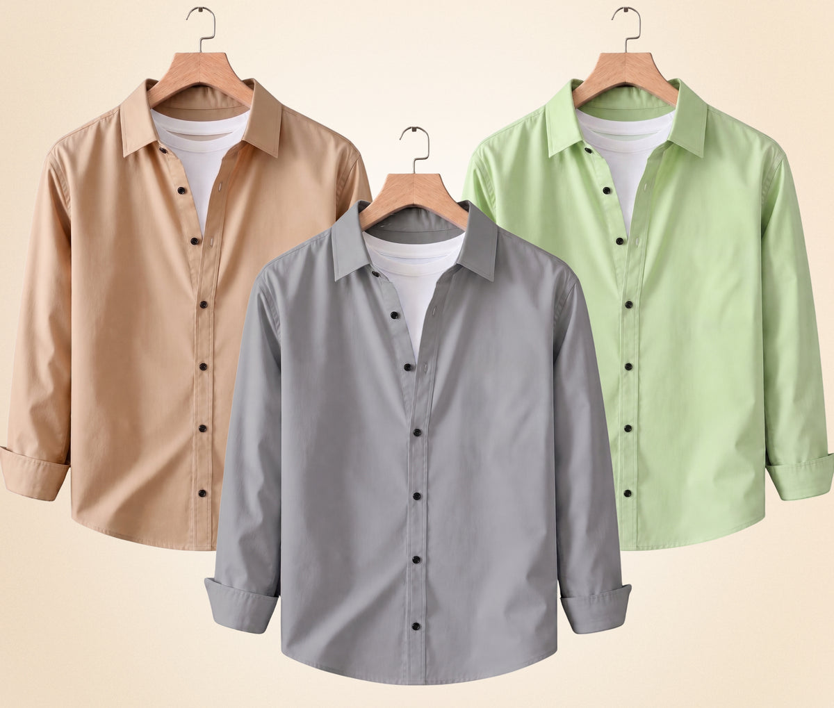 Coofandy Men's Solid Full Sleeve Casual Shirts – Sand Beige, Grey and Pista (Pack of 3)