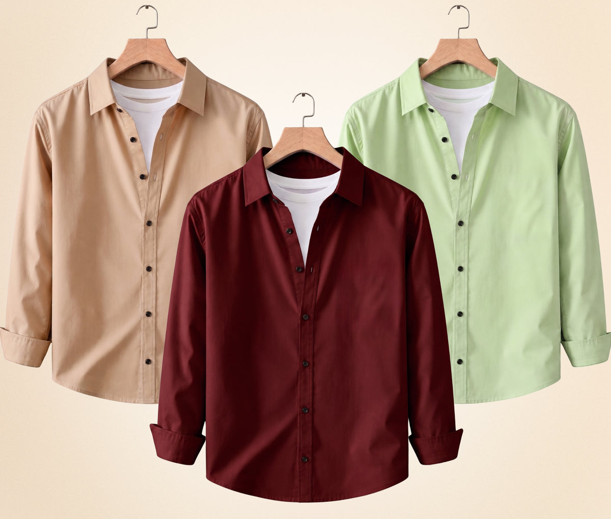 Coofandy Men's Solid Full Sleeve Casual Shirts – Sand Beige, Burgundy and Pista (Pack of 3)