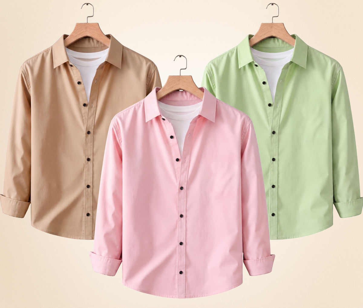 Coofandy Men's Solid Full Sleeve Casual Shirts – Sand Beige, Peach Pink and Pista (Pack of 3)