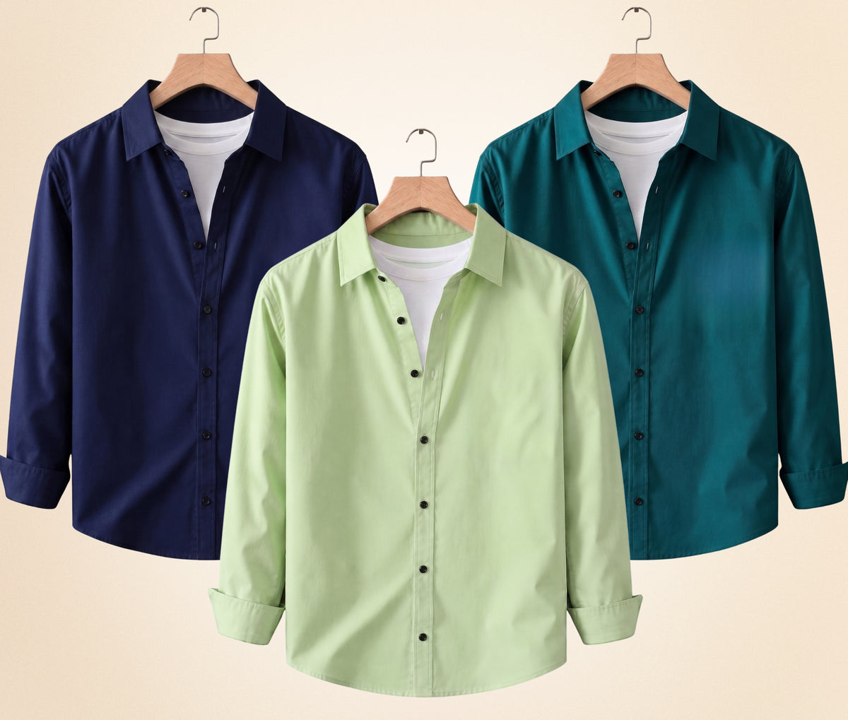 Coofandy Men's Solid Full Sleeve Casual Shirts – Navy Blue, Pista and Teal Green (Pack of 3)