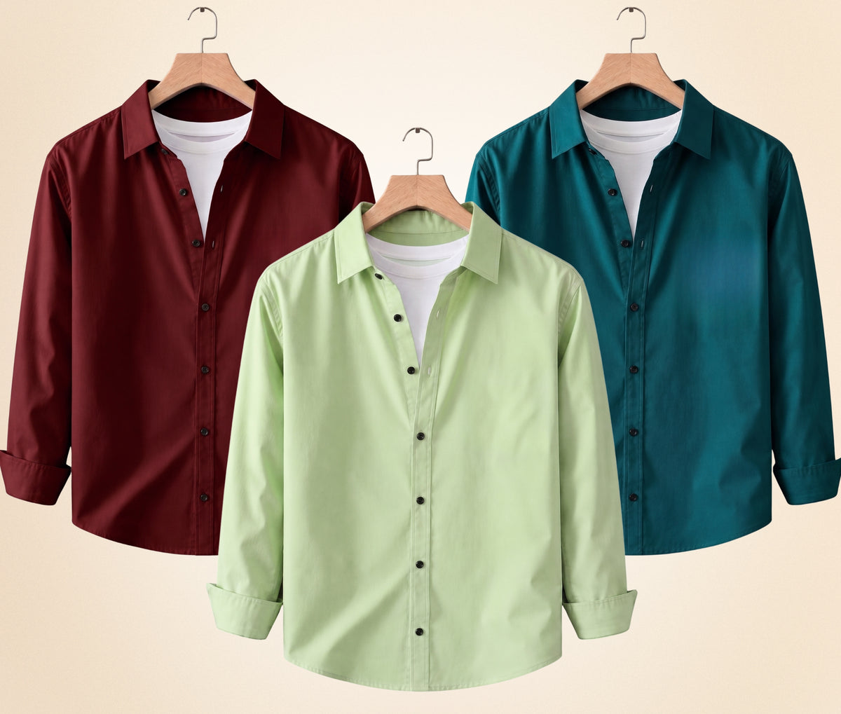 Coofandy Men's Solid Full Sleeve Casual Shirts – Burgundy, Pista and Teal Green (Pack of 3)
