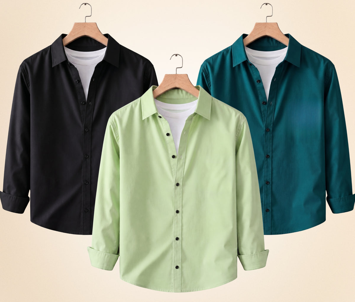 Coofandy Men's Solid Full Sleeve Casual Shirts – Black, Pista and Teal Green (Pack of 3)