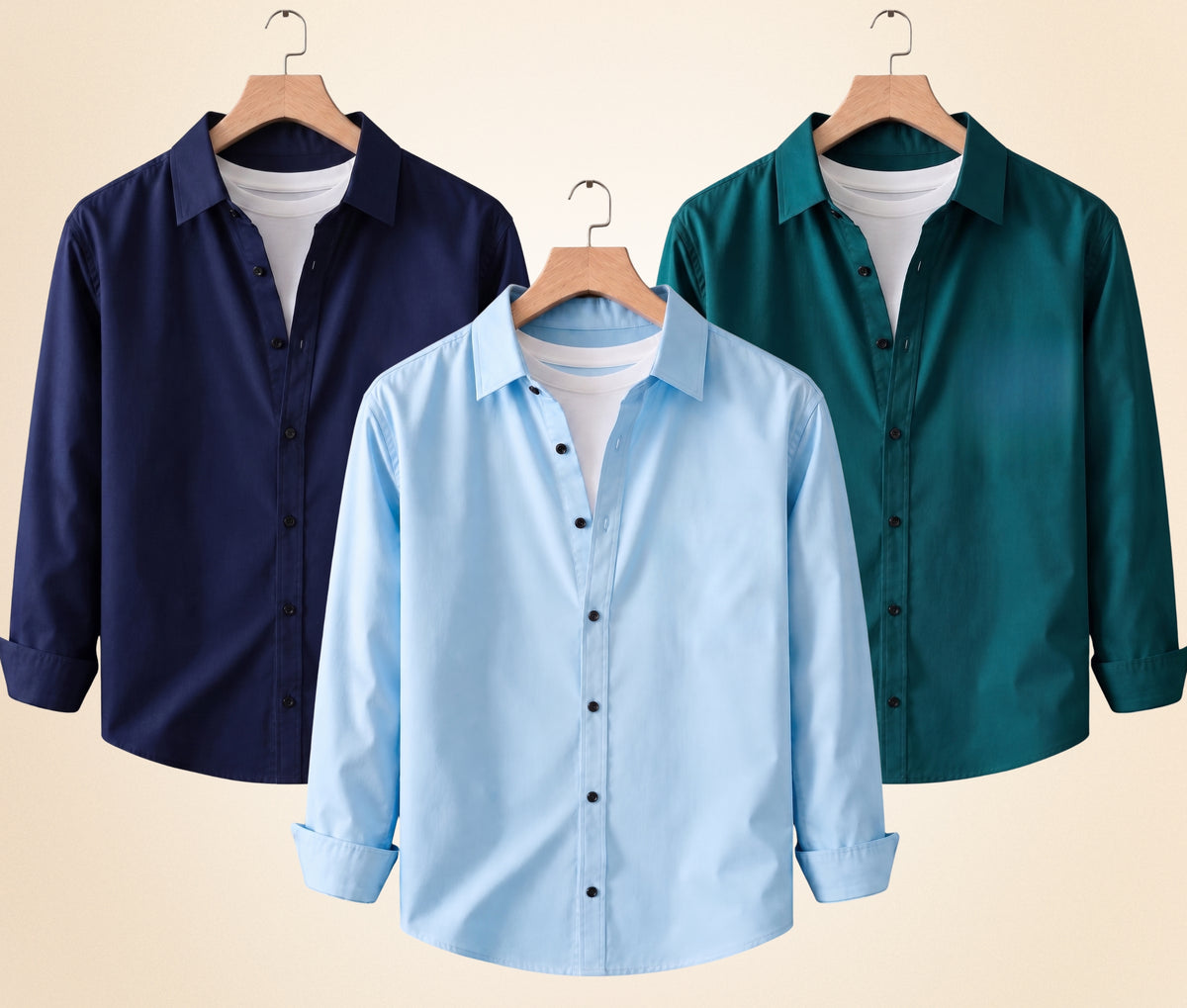 Coofandy Men's Solid Full Sleeve Casual Shirts – Navy Blue, Sky Blue and Teal Green (Pack of 3)