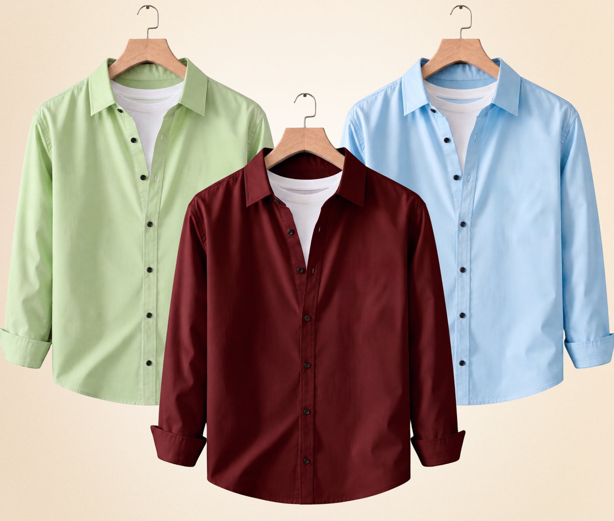 Coofandy Men's Solid Full Sleeve Casual Shirts – Burgundy, Pista and Sky Blue (Pack of 3)