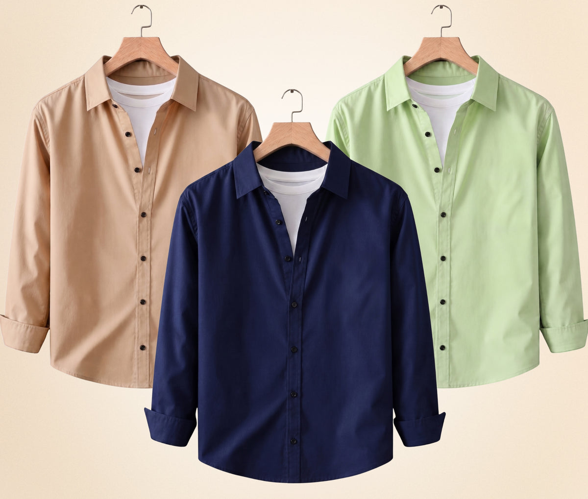 Coofandy Men's Solid Full Sleeve Casual Shirts – Sand Beige, Navy Blue and Pista (Pack of 3)