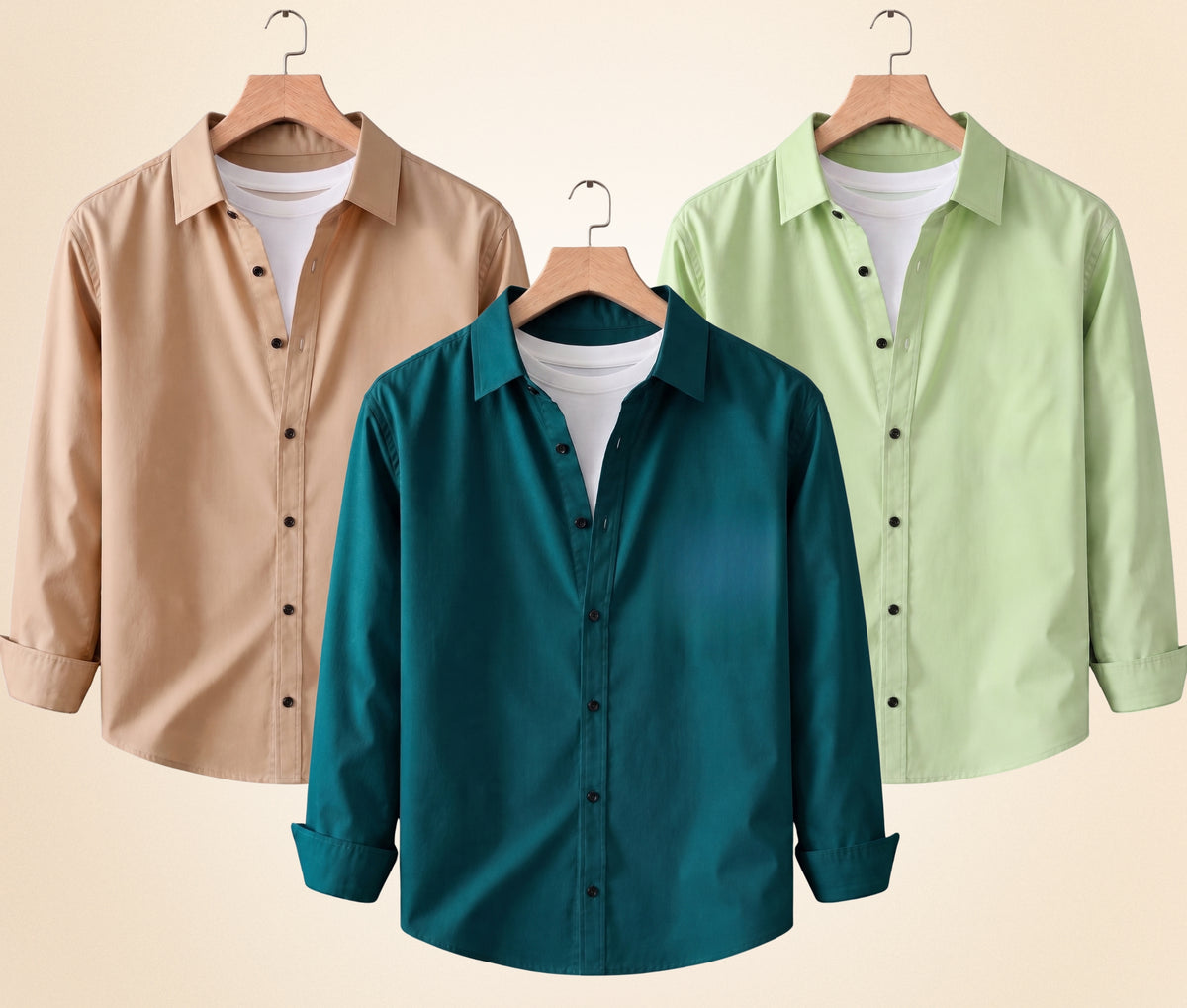 Coofandy Men's Solid Full Sleeve Casual Shirts – Sand Beige, Pista and Teal Green (Pack of 3)