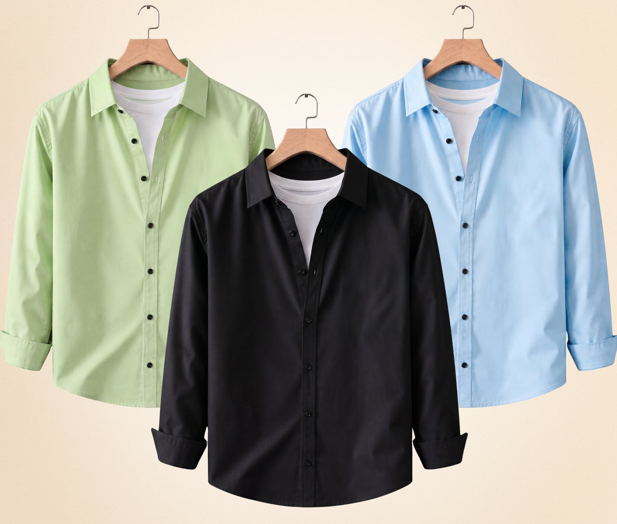 Coofandy Men's Solid Full Sleeve Casual Shirts – Black, Pista and Sky Blue (Pack of 3)