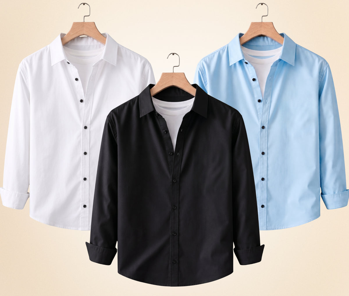 Coofandy Men's Solid Full Sleeve Casual Shirts – Black, Sky Blue and White (Pack of 3)