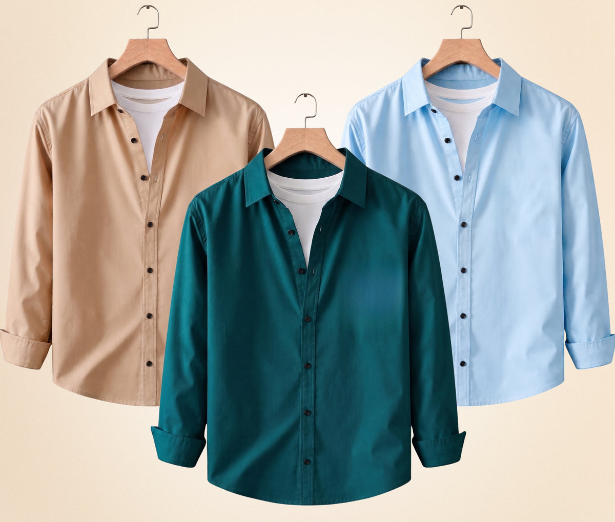 Coofandy Men's Solid Full Sleeve Casual Shirts – Sand Beige, Sky Blue and Teal Green (Pack of 3)