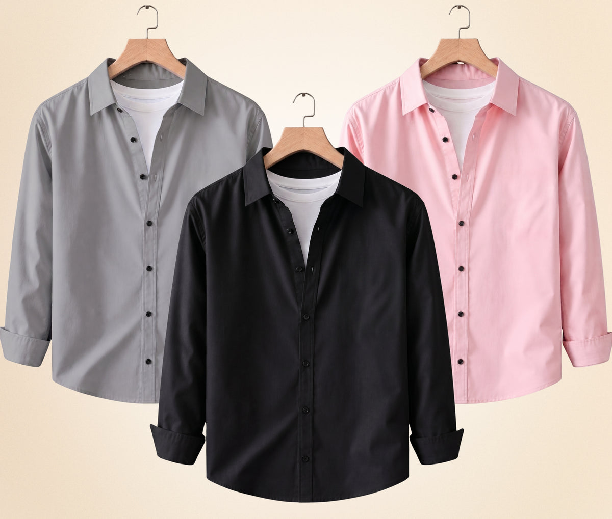 Coofandy Men's Solid Full Sleeve Casual Shirts – Black, Grey and Peach Pink (Pack of 3)