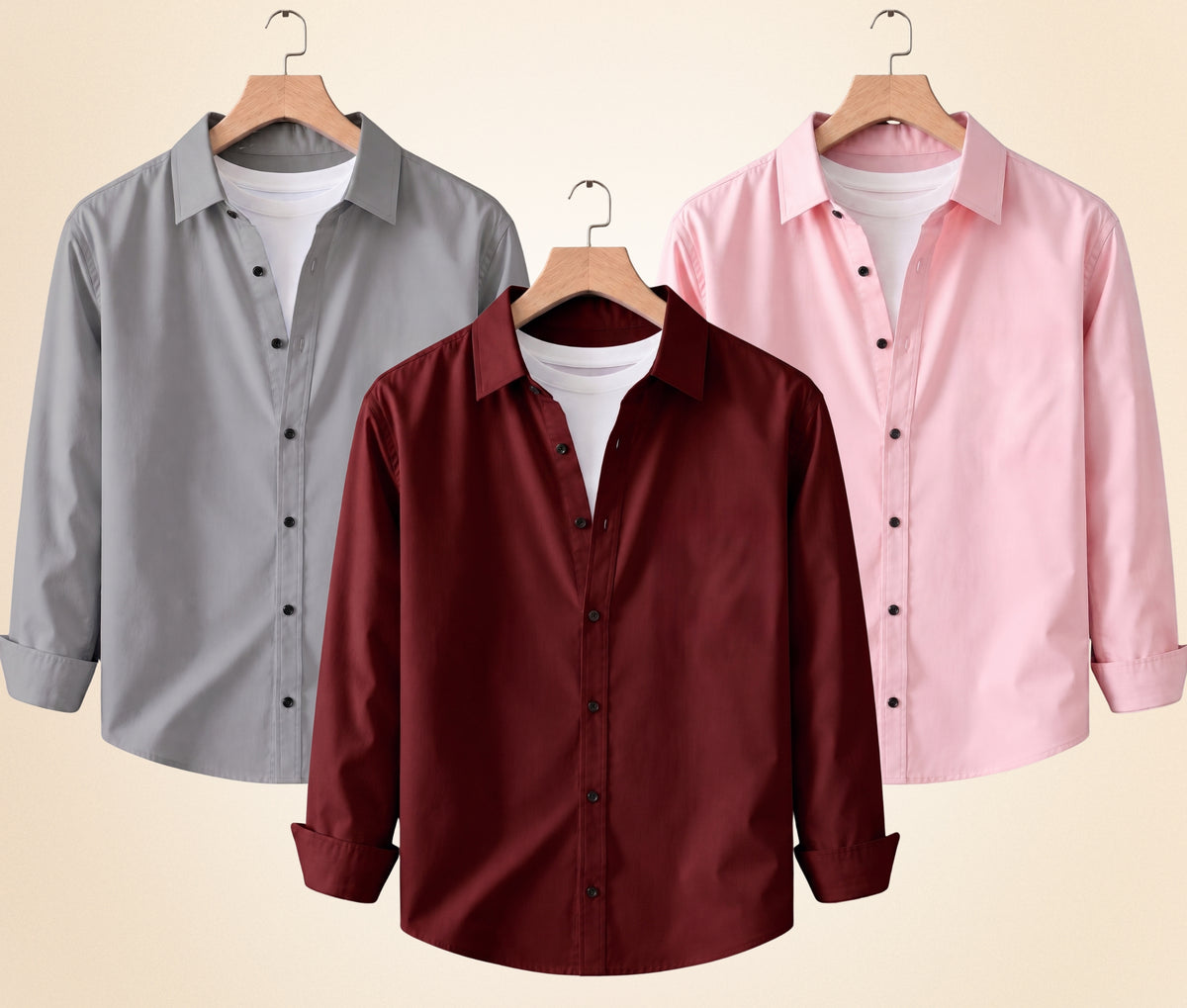 Coofandy Men's Solid Full Sleeve Casual Shirts – Grey, Burgundy and Peach Pink (Pack of 3)