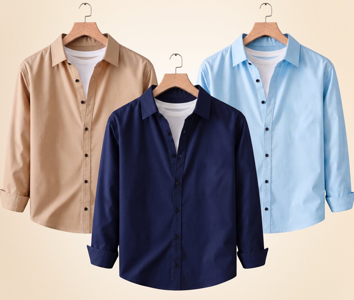Coofandy Men's Solid Full Sleeve Casual Shirts – Sand Beige, Navy Blue and Sky Blue (Pack of 3)