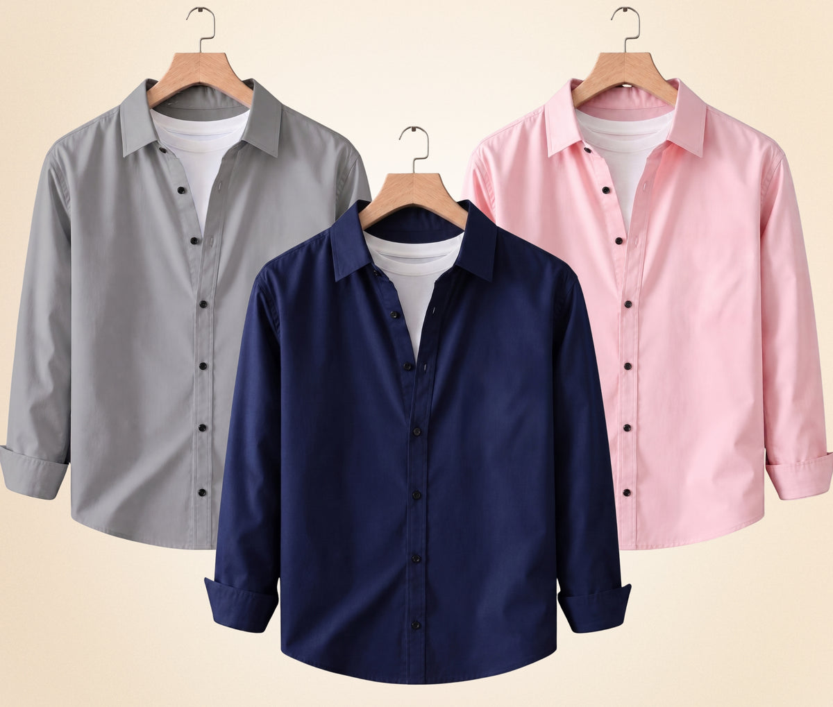 Coofandy Men's Solid Full Sleeve Casual Shirts – Grey, Navy Blue and Peach Pink (Pack of 3)