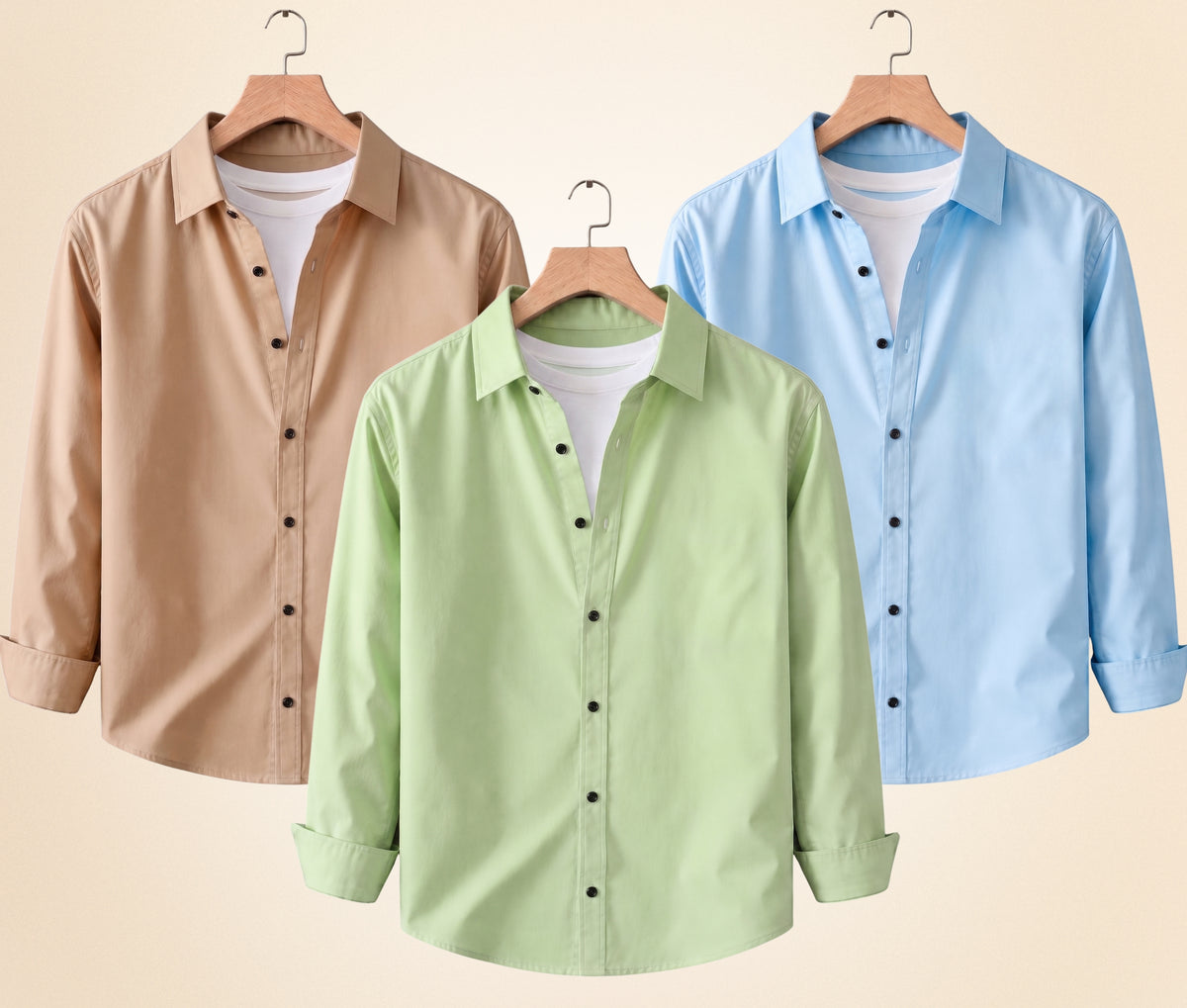 Coofandy Men's Solid Full Sleeve Casual Shirts – Sand Beige, Pista and Sky Blue (Pack of 3)