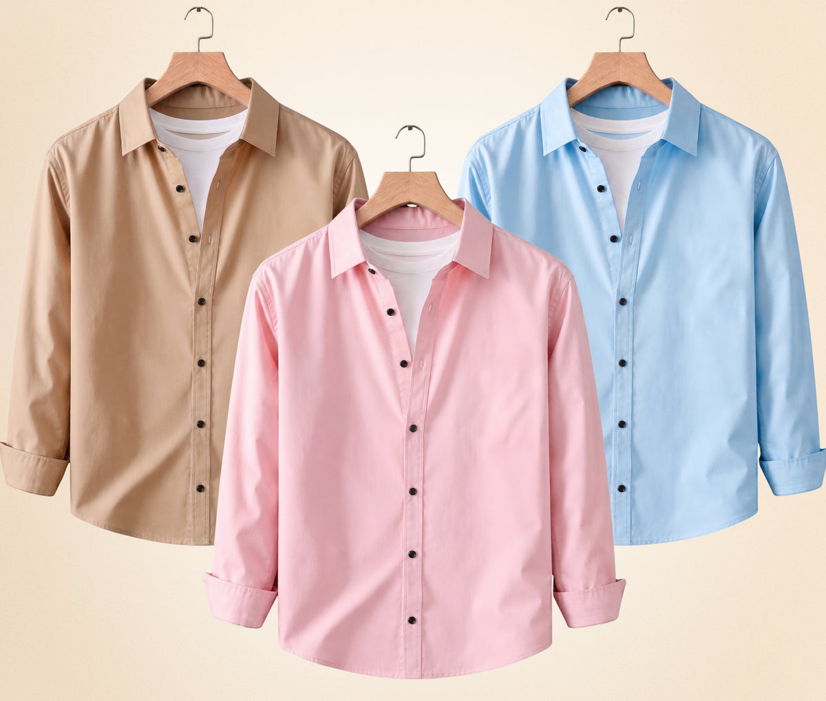 Coofandy Men's Solid Full Sleeve Casual Shirts – Sand Beige, Peach Pink and Sky Blue (Pack of 3)