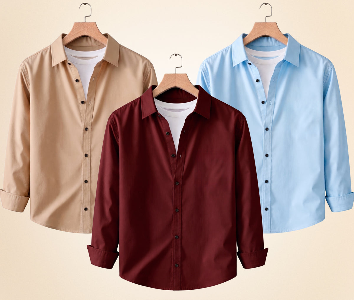 Coofandy Men's Solid Full Sleeve Casual Shirts – Sand Beige, Burgundy and Sky Blue (Pack of 3)