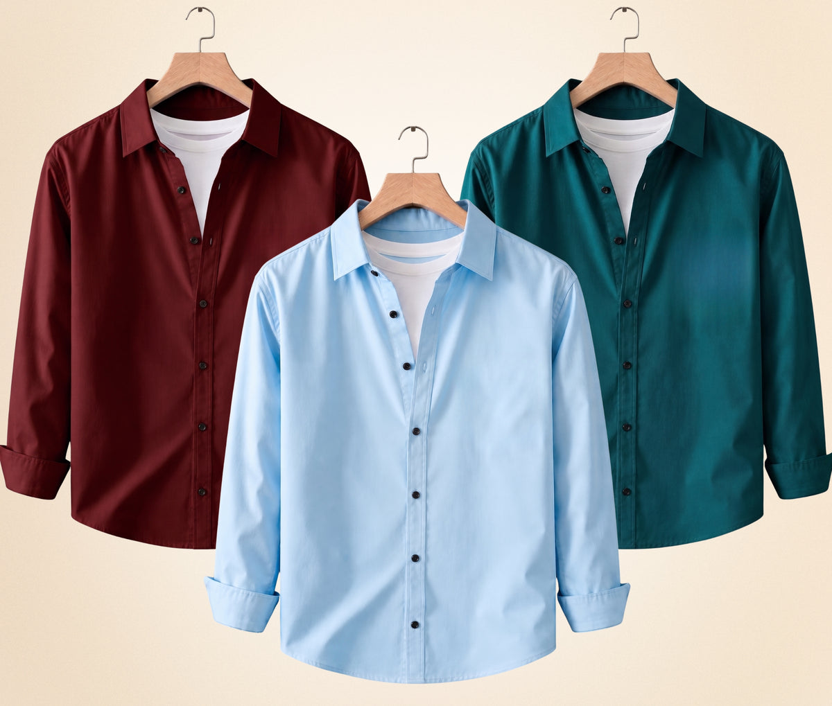 Coofandy Men's Solid Full Sleeve Casual Shirts – Burgundy, Sky Blue and Teal Green (Pack of 3)