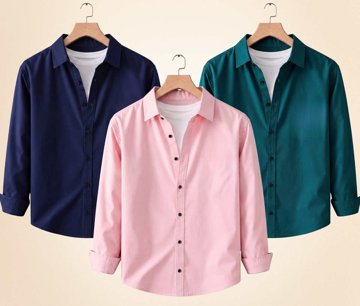 Coofandy Men's Solid Full Sleeve Casual Shirts – Navy Blue, Peach Pink and Teal Green (Pack of 3)