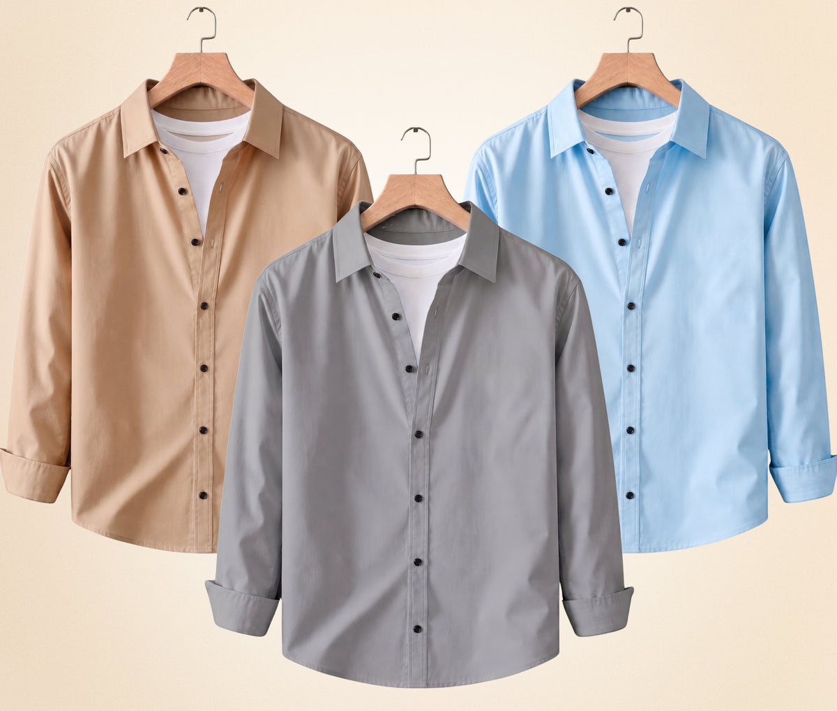 Coofandy Men's Solid Full Sleeve Casual Shirts – Sand Beige, Grey and Sky Blue (Pack of 3)