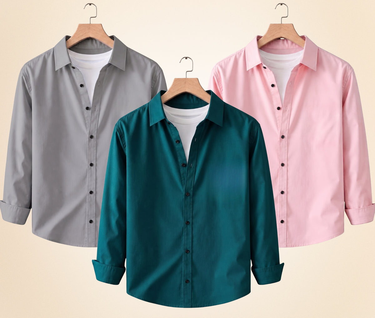 Coofandy Men's Solid Full Sleeve Casual Shirts – Grey, Peach Pink and Teal Green (Pack of 3)