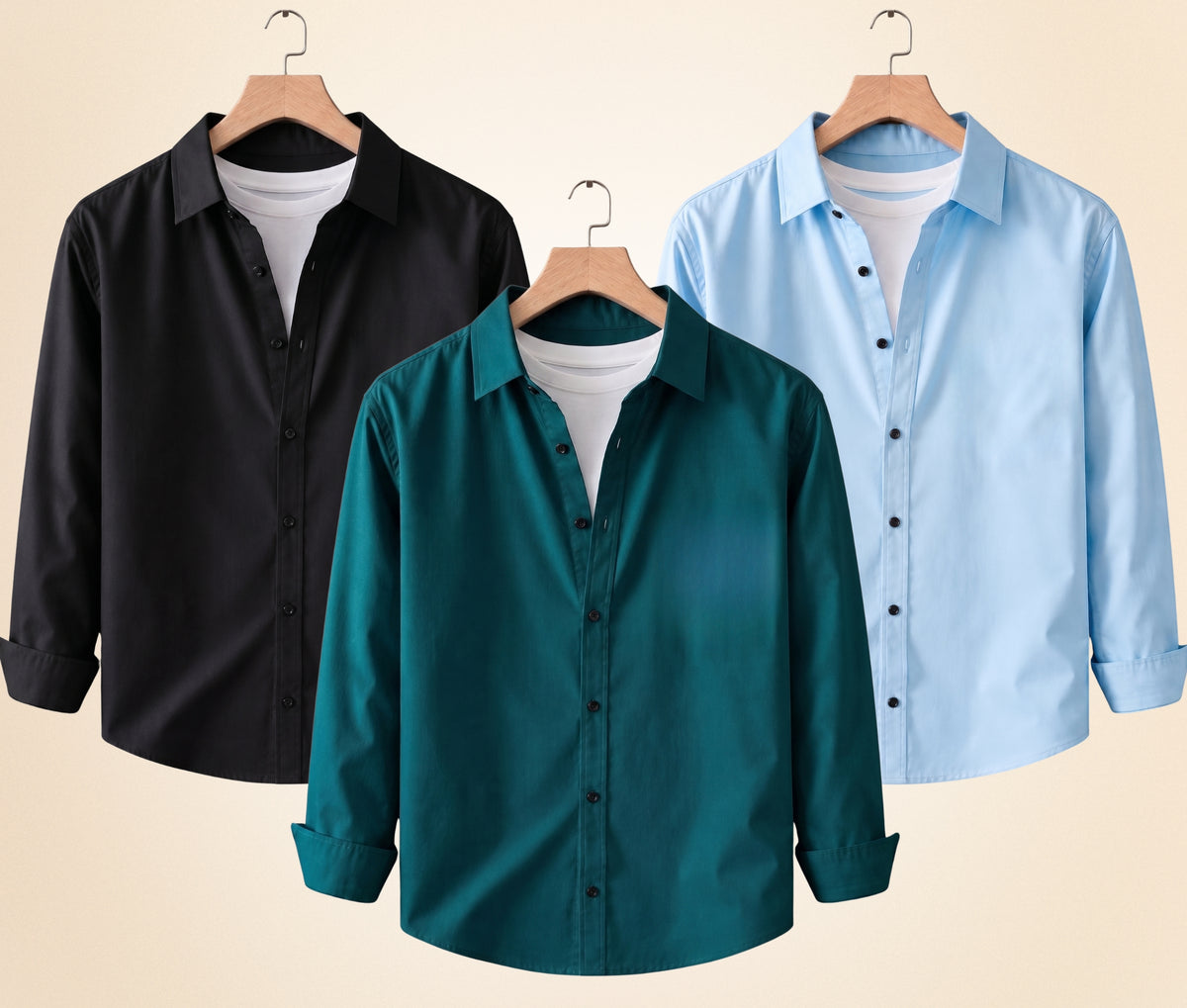 Coofandy Men's Solid Full Sleeve Casual Shirts – Black, Sky Blue and Teal Green (Pack of 3)