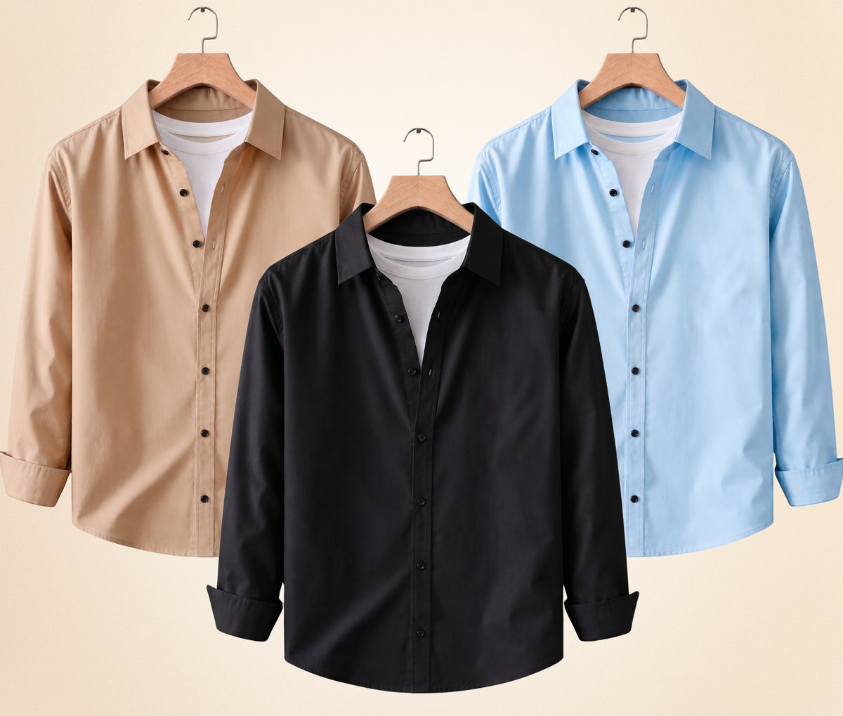 Coofandy Men's Solid Full Sleeve Casual Shirts – Black, Sand Beige and Sky Blue (Pack of 3)