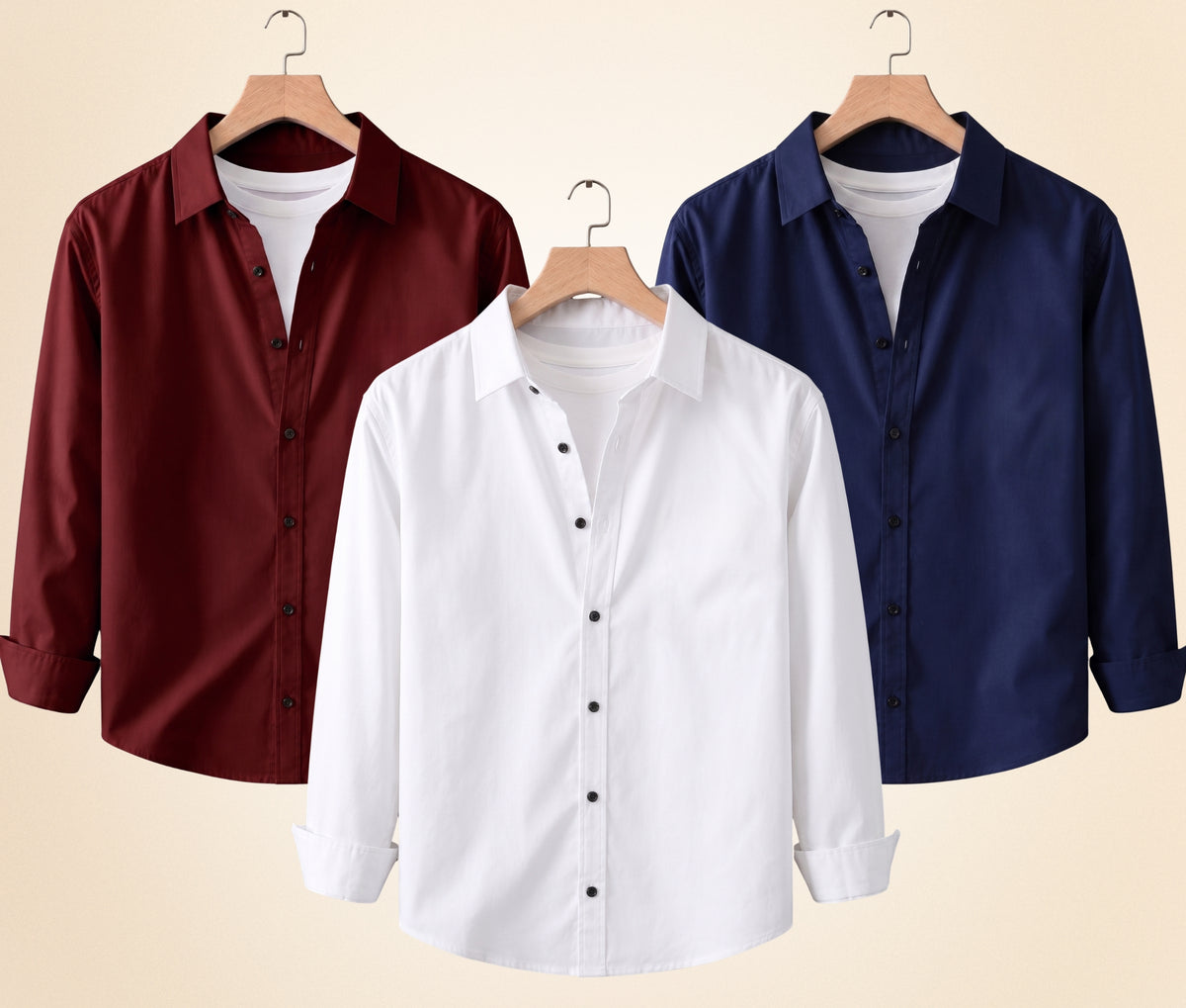 Coofandy Men's Solid Full Sleeve Casual Shirts – Burgundy, Navy Blue and White (Pack of 3)