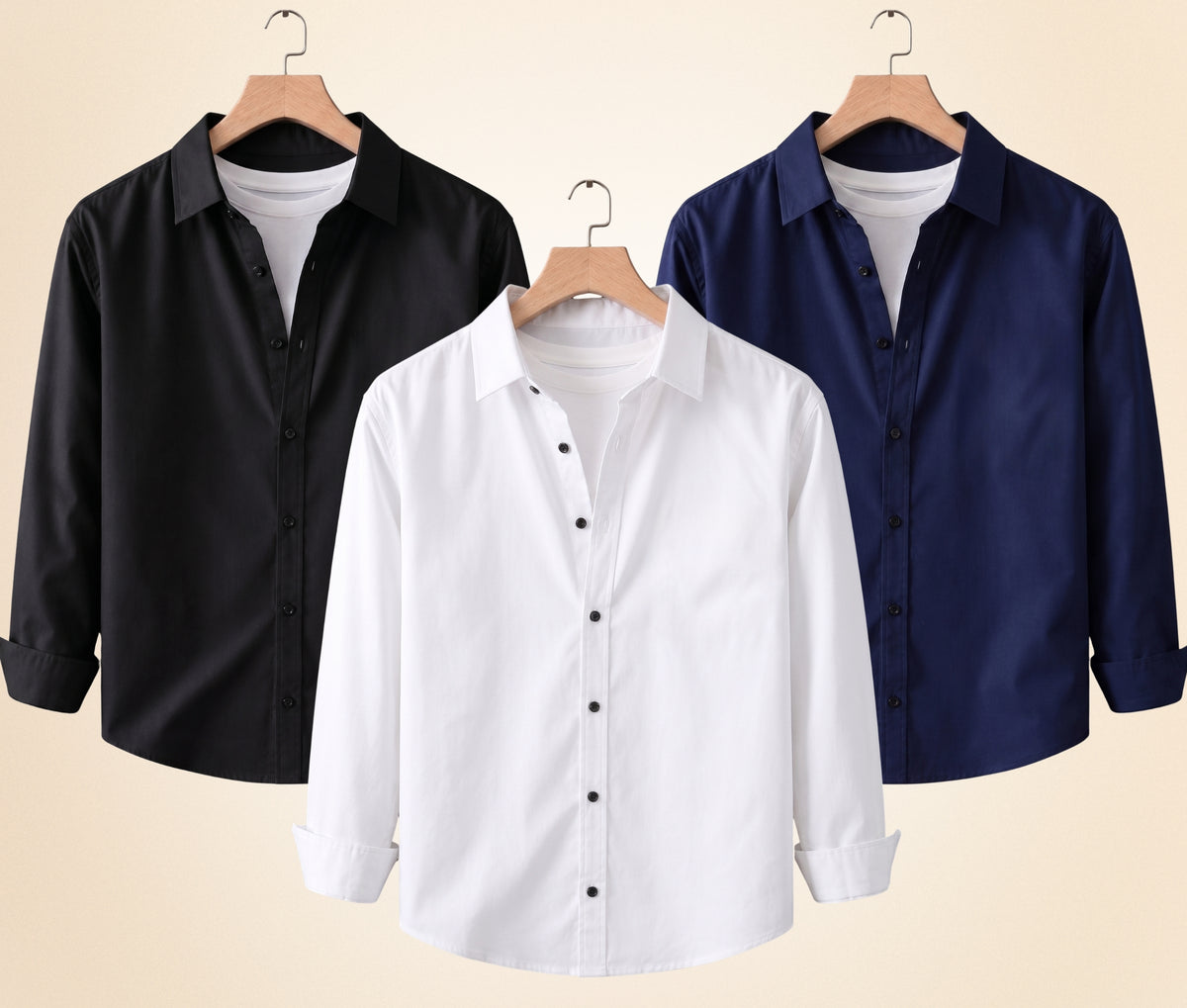 Coofandy Men's Solid Full Sleeve Casual Shirts – Black, Navy Blue and White (Pack of 3)