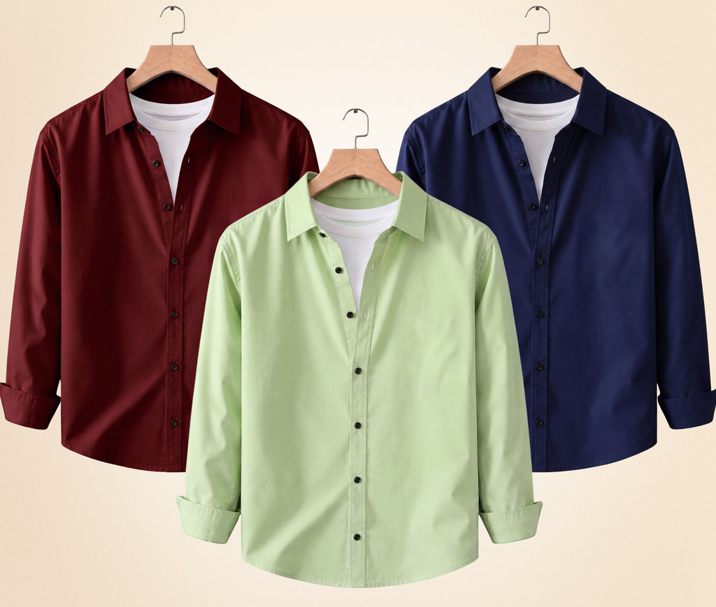 Coofandy Men's Solid Full Sleeve Casual Shirts – Burgundy, Navy Blue and Pista (Pack of 3)