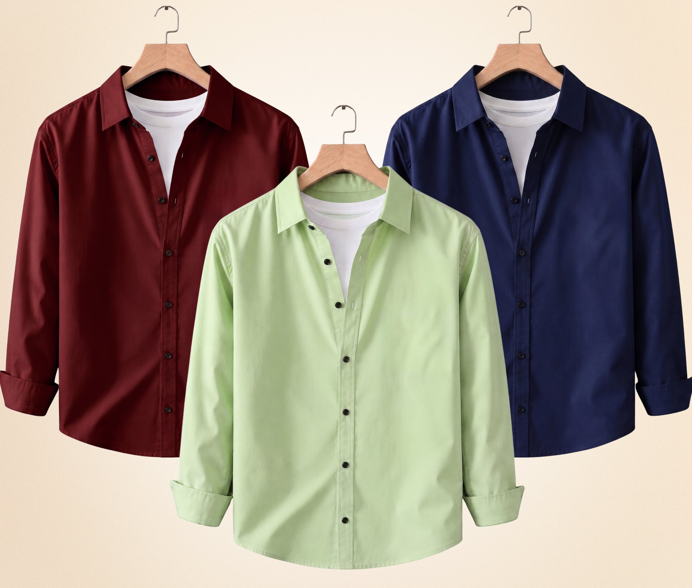 Coofandy Men's Solid Full Sleeve Casual Shirts – Burgundy, Navy Blue and Pista (Pack of 3)