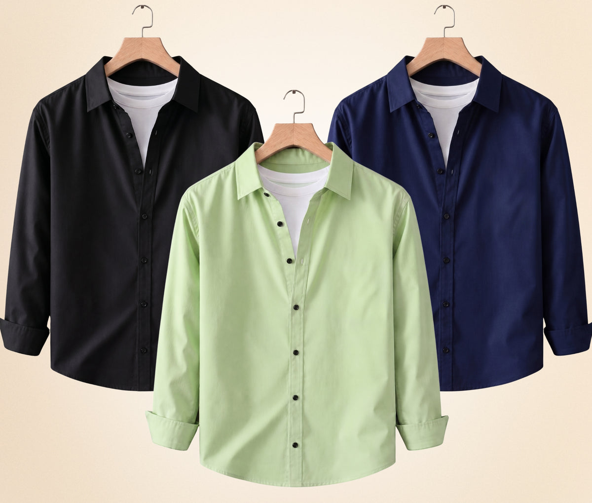 Coofandy Men's Solid Full Sleeve Casual Shirts – Black, Navy Blue and Pista (Pack of 3)